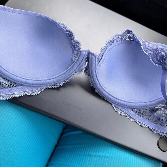 NWT natori bra 32C Feathers Lace Contour Underwire Plunge Bra smoky iris dolphin - Picture 8 of 10